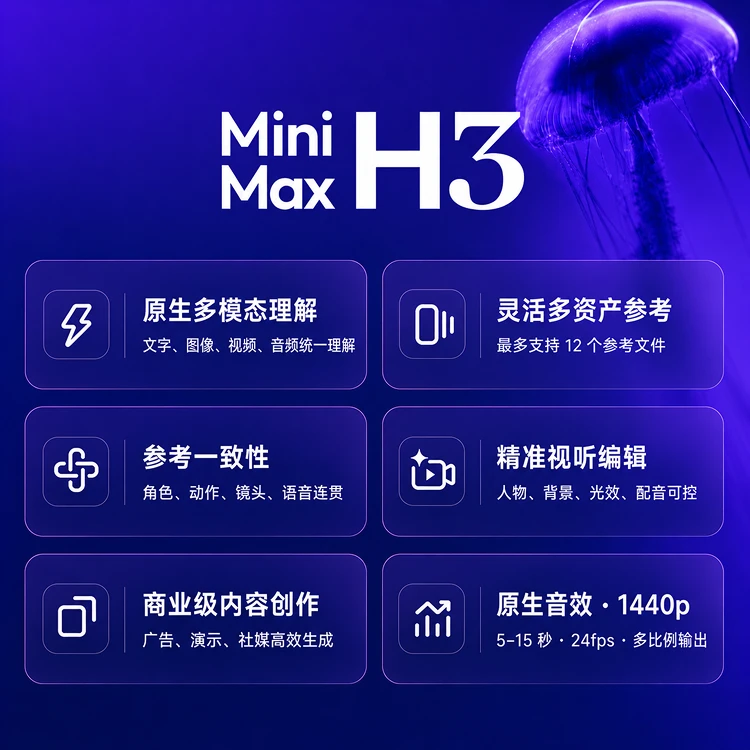 原生多模态理解、灵活多资产参考、参考一致性、精准视听编辑、商业级内容创作、原生音效与 1440p。